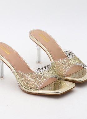 2024新款细高跟透明水钻凉拖鞋女简约性感纯色大码外穿聚会高跟鞋