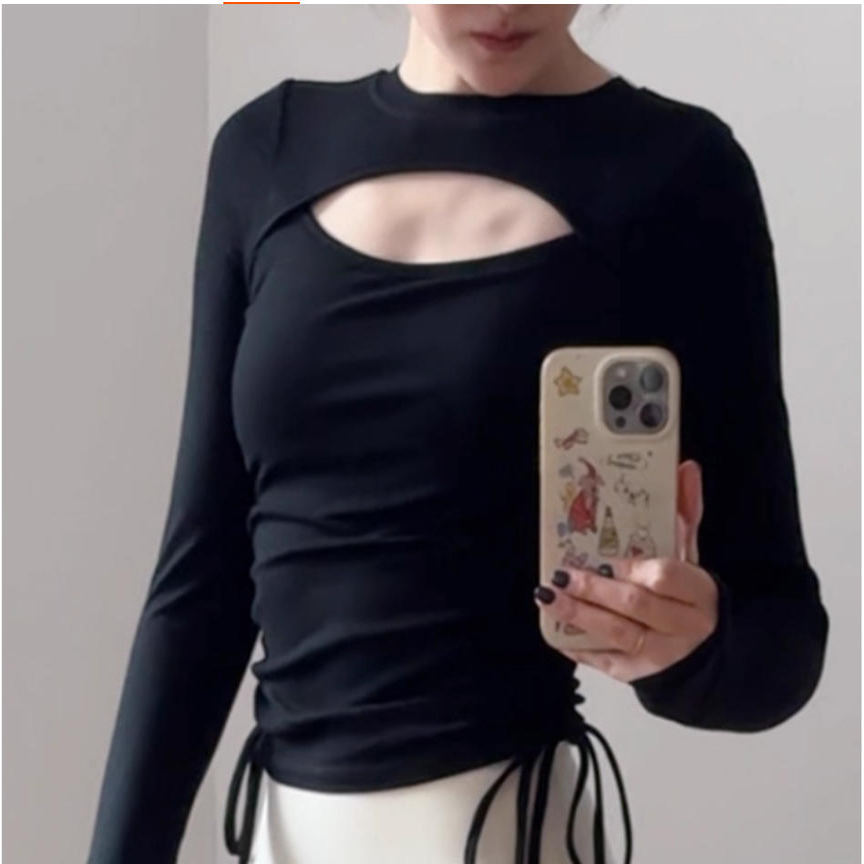 瑜伽服上衣女新款设计感镂空针织打底衫运动透气抽绳紧身长袖t恤