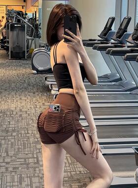 蜜桃提臀性感健身短裤女夏弹力系绳高腰紧身包臀运动瑜伽口袋热裤