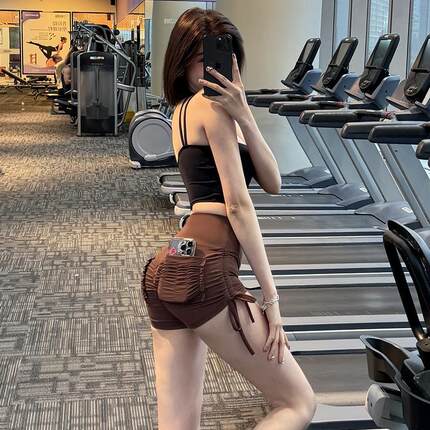 蜜桃提臀性感健身短裤女夏弹力系绳高腰紧身包臀运动瑜伽口袋热裤