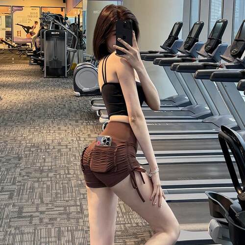 蜜桃提臀性感健身短裤女夏弹力系绳高腰紧身包臀运动瑜伽口袋热裤