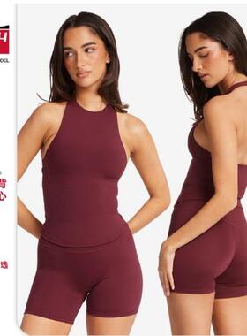 欧美跨境可拆卸挂脖瑜伽服女裸感健身上衣美背运动跑步背心