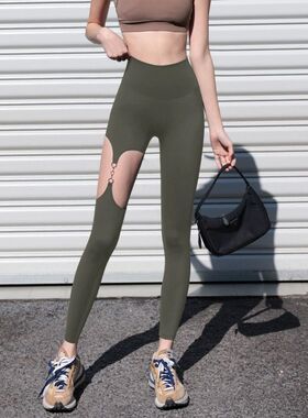高级欧美健身裤女高腰提臀设计感显瘦外穿大腿镂空瑜伽裤2025新款