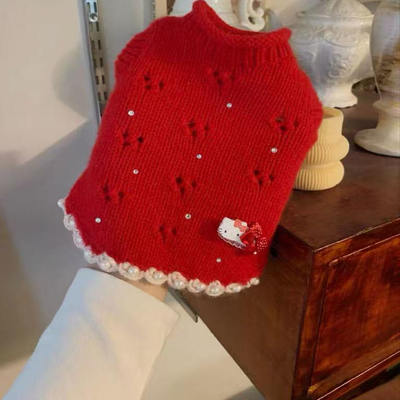 宠物新年手工针织貂绒红色宠物毛衣保暖比熊马尔济斯狗狗