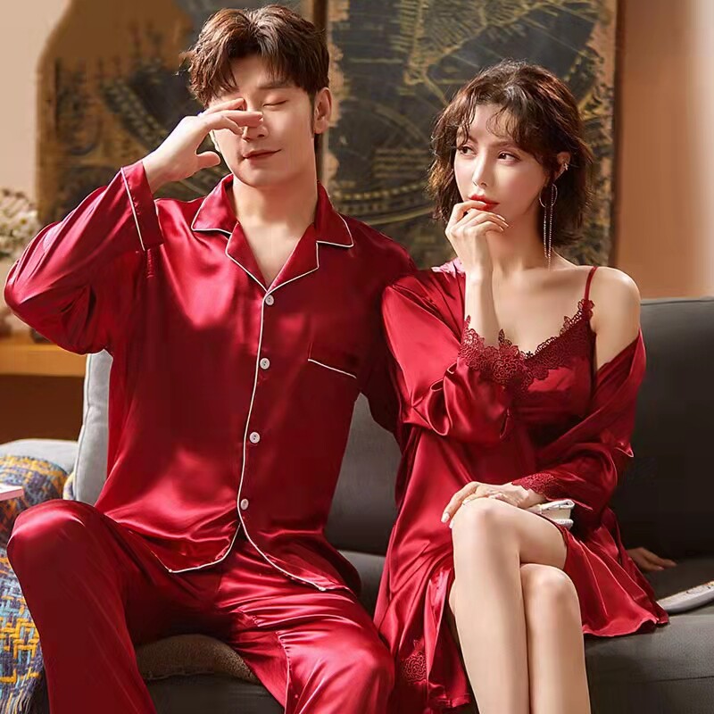 情侣睡衣女春秋新婚红色晨袍新娘结婚礼本命年男士冰丝家居服套装