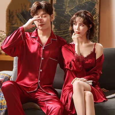 情侣睡衣女春秋新婚红色晨袍新娘结婚礼本命年男士冰丝家居服套装