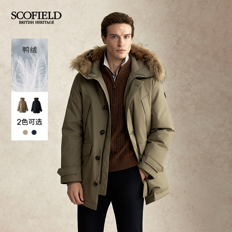 SCOFIELD男装冬季新款工装派克大衣中长款连帽鸭绒羽绒服保暖外套