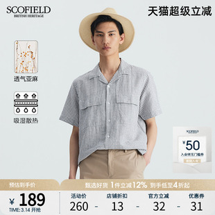 SCOFIELD男士衬衣夏季亚麻棉质休闲小格子商务短袖衬衫口袋装饰