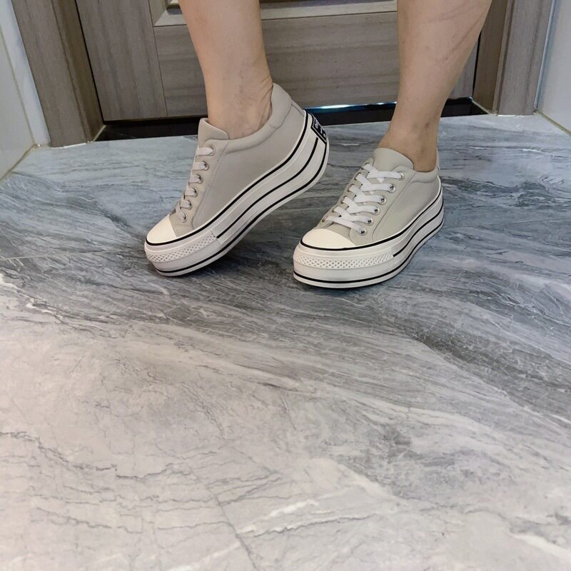 时尚爆款松糕高鞋牛皮面松紧鞋带厚底板鞋休闲鞋女鞋子