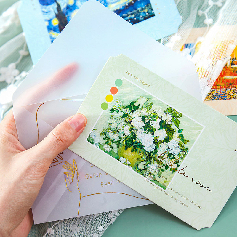 梵高创意星空杏花生日祝福留言卡附信封小卡片硫酸纸烫金折叠贺卡