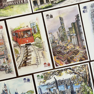 香港手绘风景明信片中环旺角维多利亚港纪念品文创画城市地标卡片