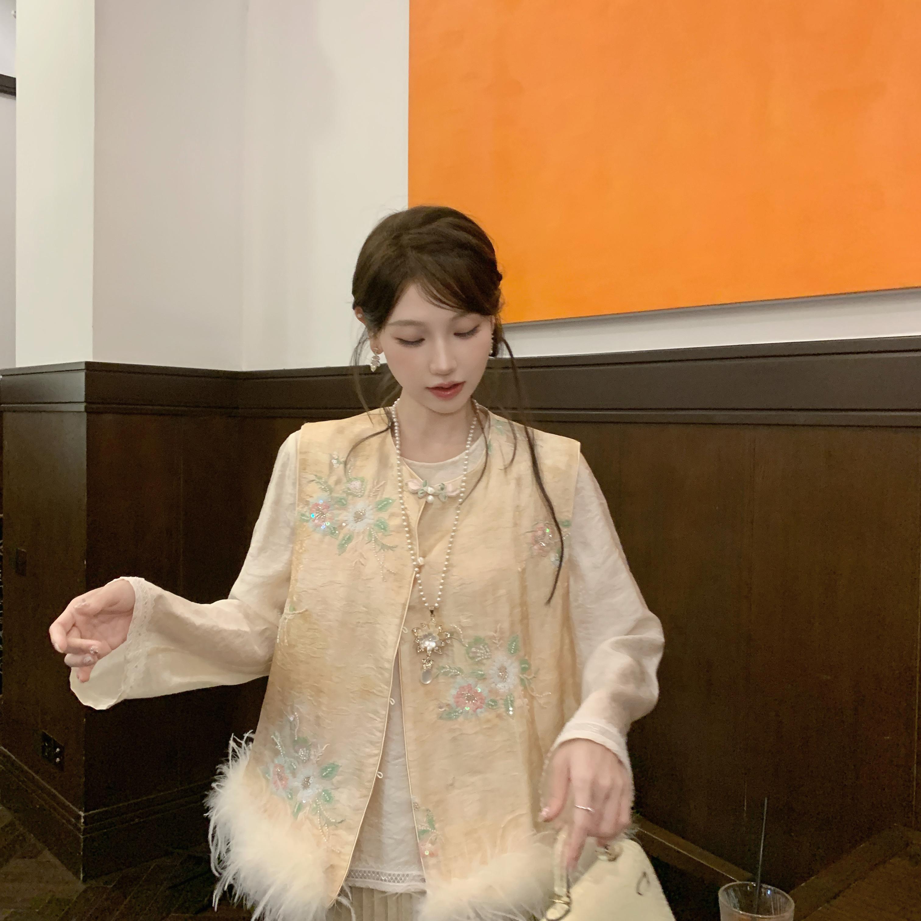 国风新中式人丝提花刺绣马甲鸵鸟马夹