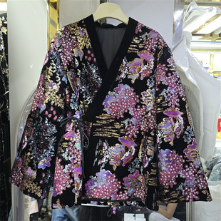 新中式重工彩线花卉丝绒外套女 交领系带改良和服宽松国风开衫