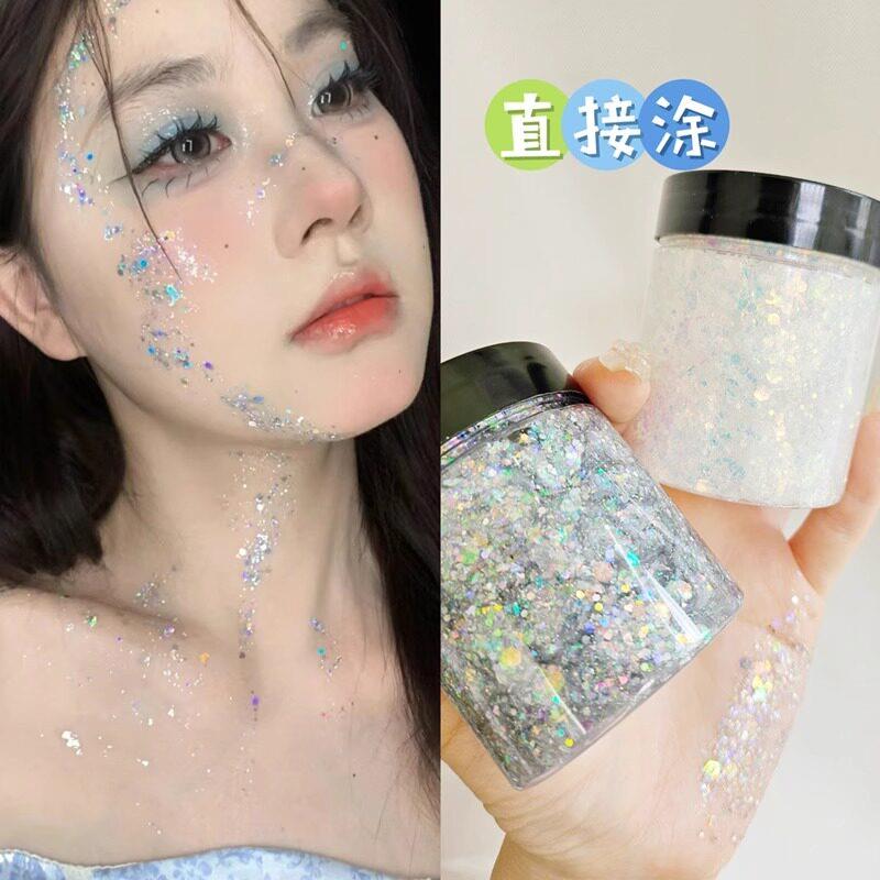 大瓶液体啫喱大亮片银色白六一表演舞台化妆爆闪粉眼脸部头发身体