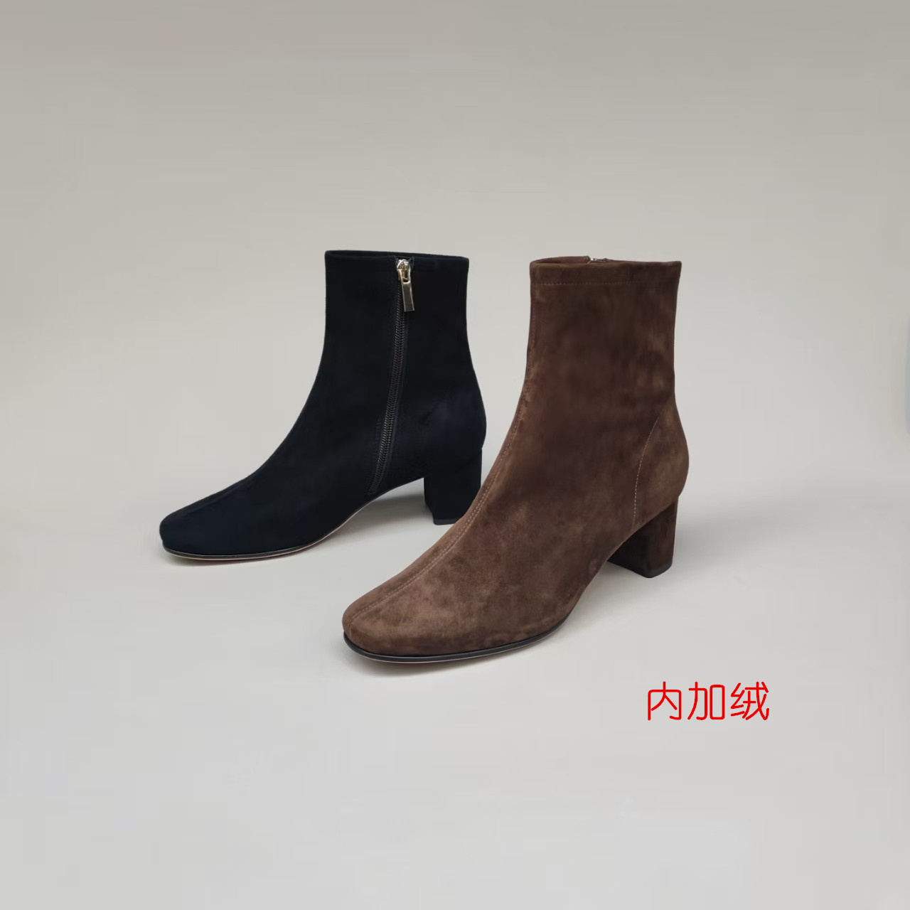 内加绒粗跟短靴女靴子