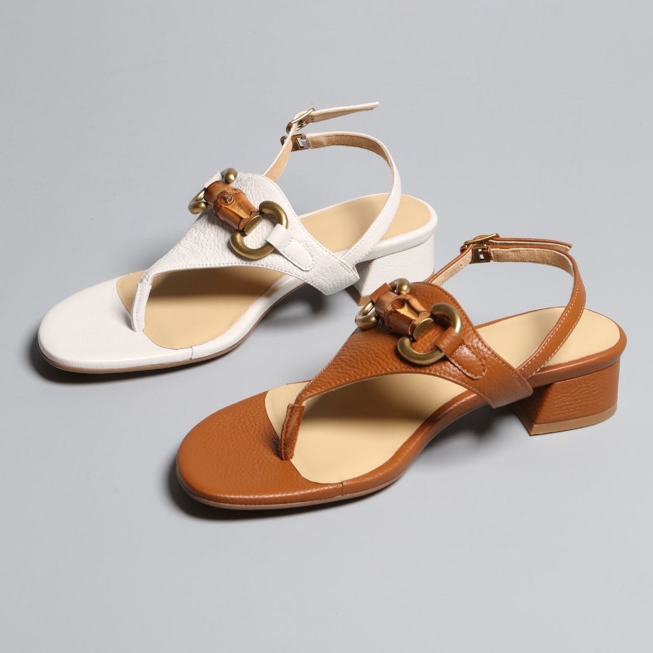 台款 新款防滑鞋底粗跟竹节扣牛胎皮羊皮内鱼嘴高跟女凉鞋子