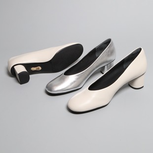 粗跟单鞋 台款 底圆头女高跟鞋 气质高贵羊胎皮防滑鞋 时尚