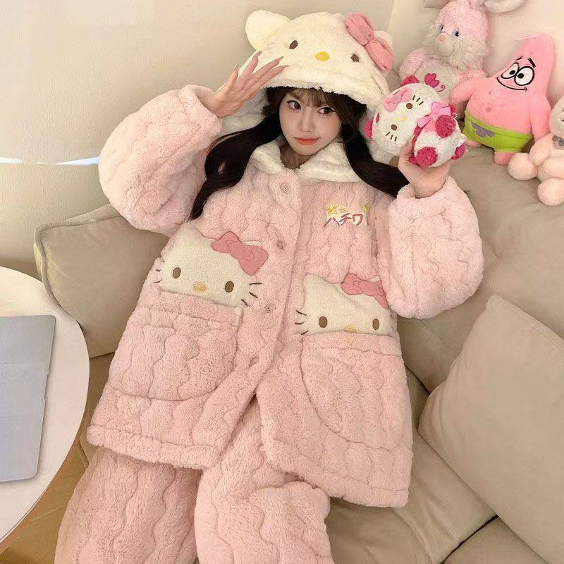 睡衣女秋冬季三层夹棉袄加绒加厚韩版可爱珊瑚绒保暖家居服套装