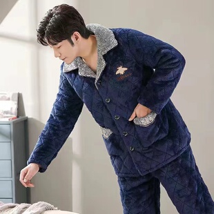 特价断码清仓睡衣男冬加绒加厚珊瑚绒睡衣上衣三层加厚夹棉袄男士