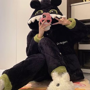 睡衣女冬季加绒加厚三层夹棉袄珊瑚绒保暖睡衣中长款可外穿家居服