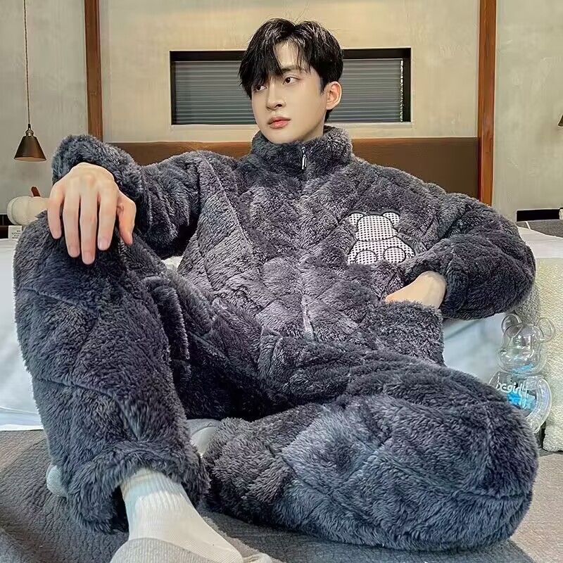 冬季男装三层加厚加绒夹棉睡衣