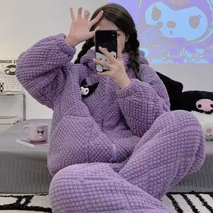 睡衣女冬季 加厚加绒三层夹棉珊瑚绒棉袄少女拉链可外穿家居服套装