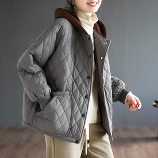 代勒原创文艺复古连帽棉服女士菱形格棉衣保暖显瘦加厚冬季 棉袄子