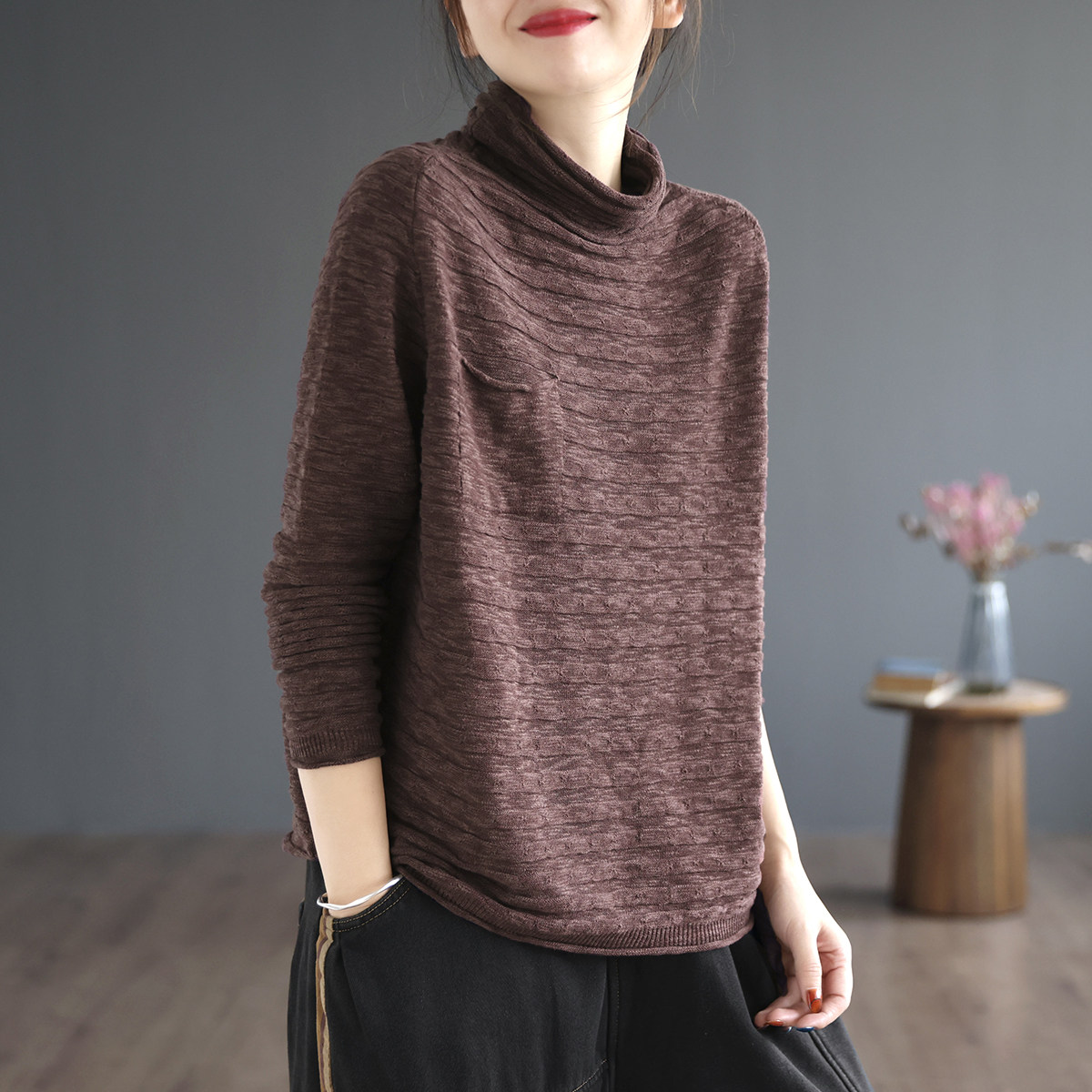 代勒原创文艺复古堆堆领全棉针织毛衣女宽松显瘦纯色基础款上衣潮