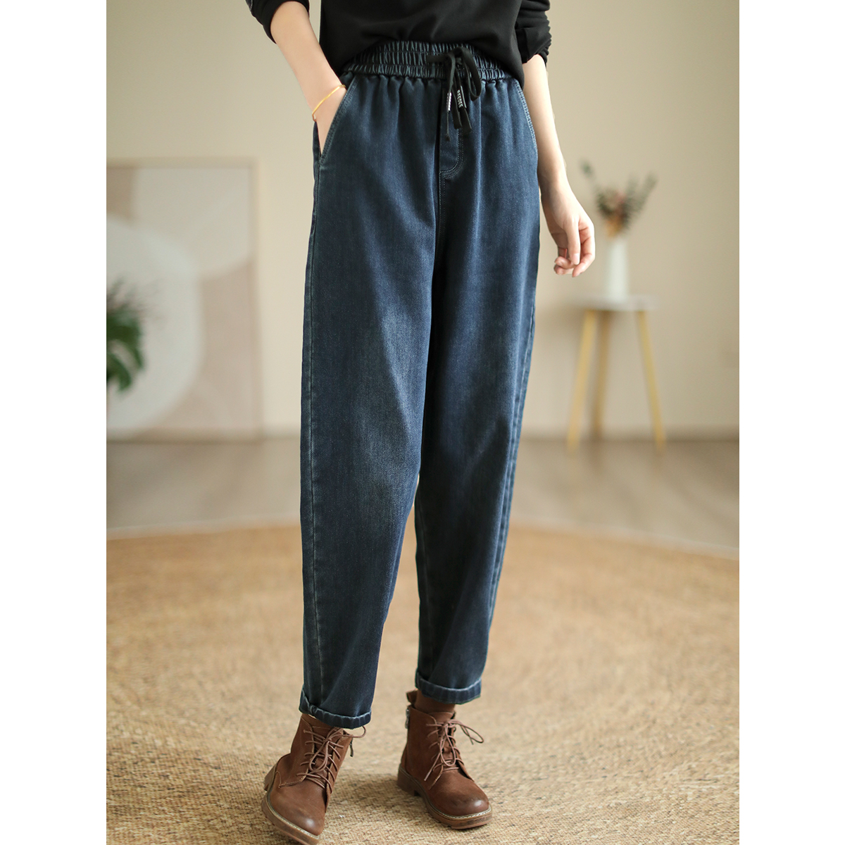 代勒原创秋冬重工水洗纯棉抓绒牛仔裤女宽松直筒裤复古微弹哈伦裤