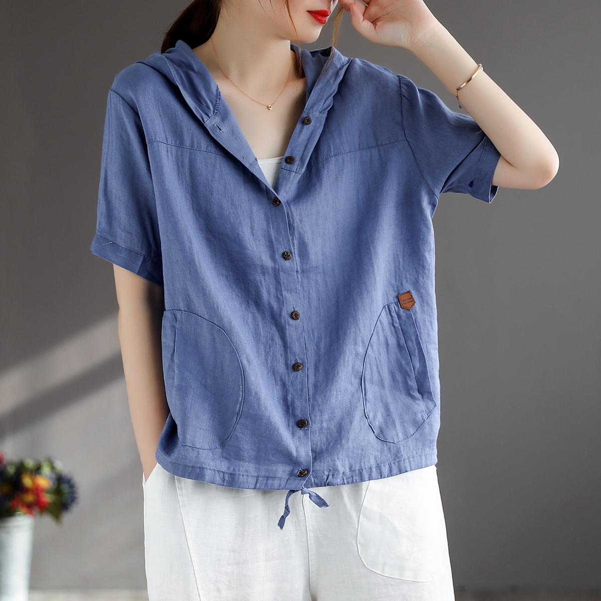 代勒原创文艺下摆系带短袖衬衫
