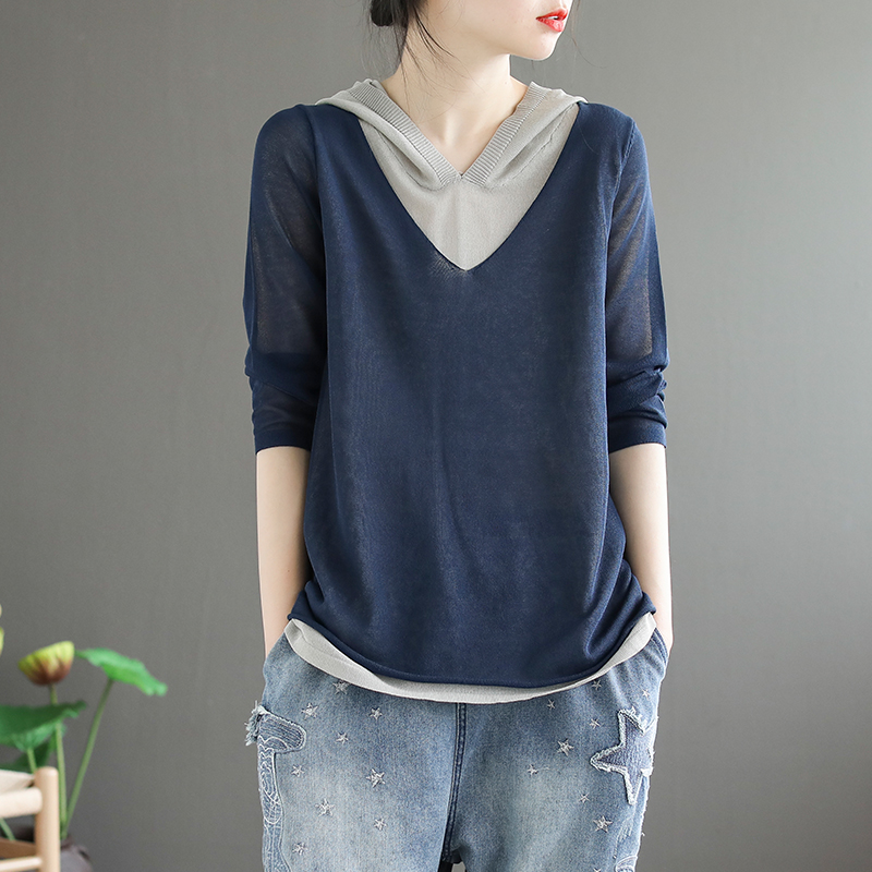 代勒原创文艺复古针织麻假两件T恤衫女宽松连帽百搭针织棉薄上衣