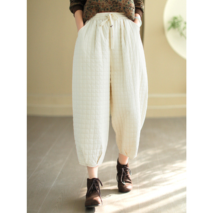 纯色九分哈伦裤 女松紧腰宽松灯笼裤 全棉夹棉加厚棉裤 代勒原创冬季