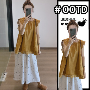 孕妇装夏套装2026夏季新款孕期穿搭花边蕾丝上衣波点阔腿裤两件套