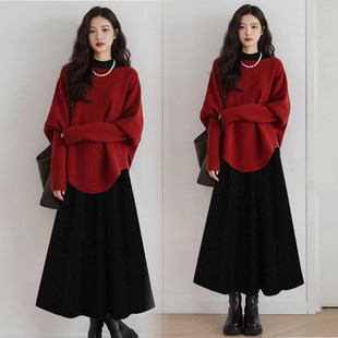 孕妇装套装2026冬季新款孕期穿搭红色喜庆过年蝙蝠袖毛衣打底裙子