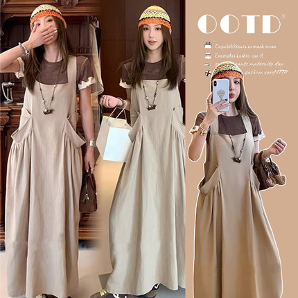 孕妇连衣裙2026夏装新款孕期穿搭不显怀短袖上衣背带裙子夏季套装