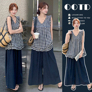 孕妇装夏套装2026新款孕期穿搭格子上衣阔腿裤子不显怀夏季两件套