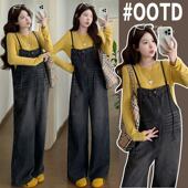 套装 子春季 2026新款 牛仔阔腿背带裤 两件套 孕期穿搭打底衫 孕妇春装