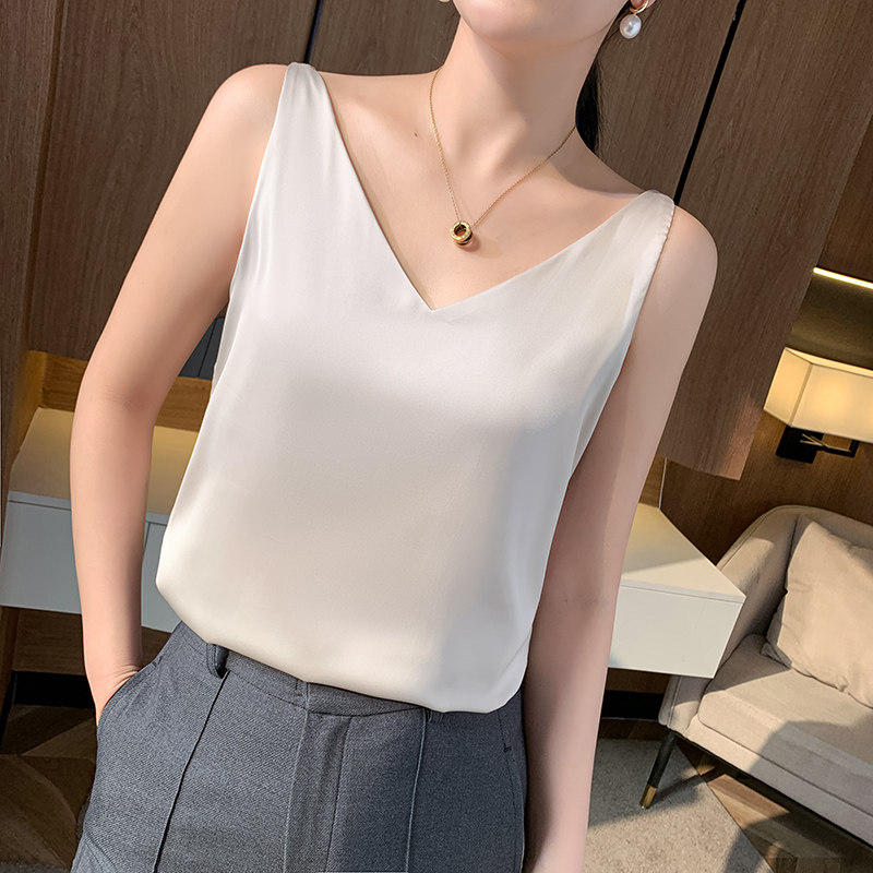 吊带女性感无袖上衣真丝背心宽松西装内搭缎面醋酸蚕丝绸白色V领