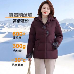 正89—8867老品鹅绒羽绒服短款大码季中年女士喜婆婆中国风外红色