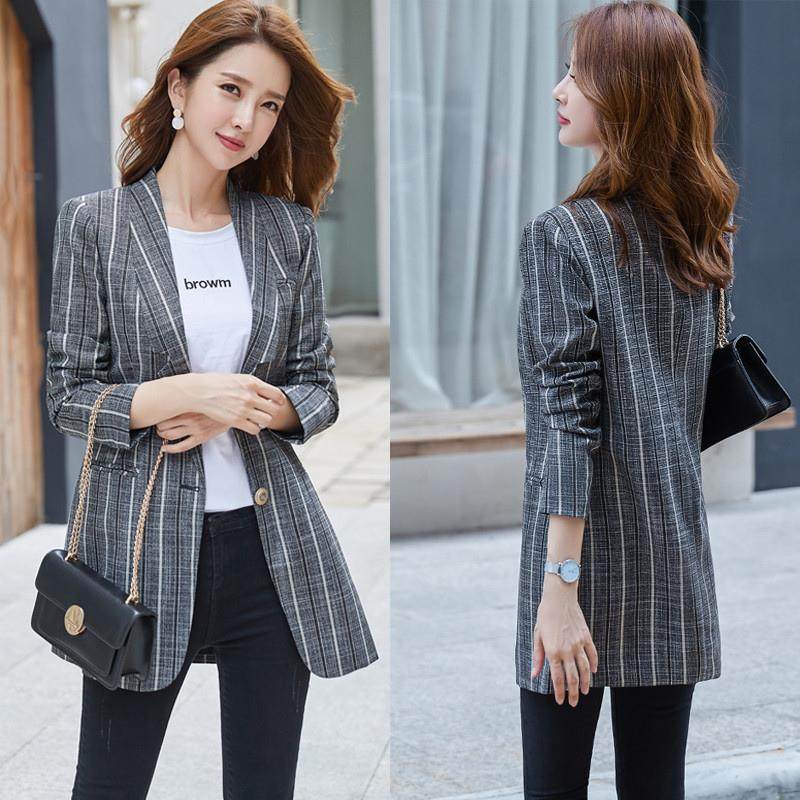 跨境出黑版棉竖条麻纹西装外套女韩休闲中长蓝款AL-61050英伦风网,女装/女士精品,西装,淘宝优惠券,粉丝福利购,淘宝优惠卷