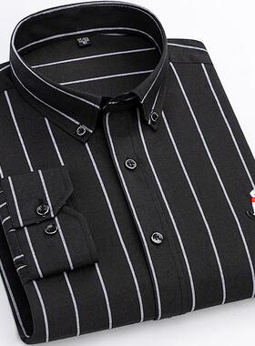 新款牛津男士休闲条纹衣长袖衬衫棉韩版修身格子纺衬高舒AL675145