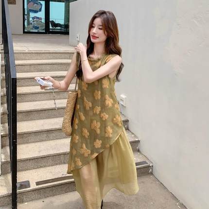 连漂衣裙女款爆款拼接黄色碎新花B189FN71无袖背款心连衣裙独特亮