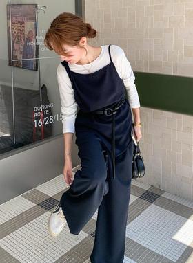 蓝色设计感女马甲套装秋季新款气质轻熟风打件底衫裤阔腿C115-233