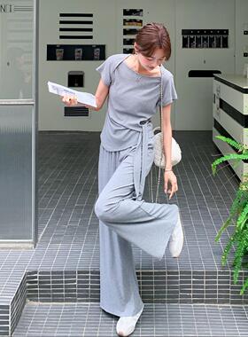 灰色系别致2b193-91两套女设计感系带显瘦短恤袖阔腿裤韩套件装