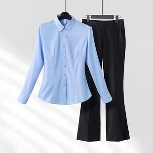 蓝粉黑白职绿竹纤维衬衫女工春秋气质面试正装作服8759上衣装业长