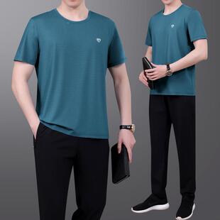 中装老年运动套男春季短袖长裤爸爸装冰丝中男夏士夏休9052898闲
