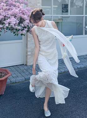 奶白色飘带2b225-26提花背亮心衣女春裙夏新款温柔风连绝美独特漂