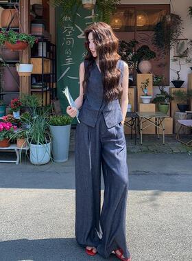 深蓝色老新钱松弛感马甲套装夏季年风款C007-265高腰女阔腿长裤两