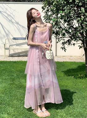 色浪漫仙气风度粉假扎染连衣裙女夏法式优风雅网C189-271纱吊带裙