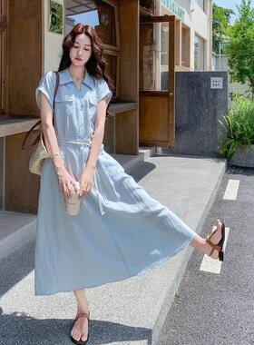 浅夏蓝色盐系收腰衬衫连衣漂裙女日C15-28新款柔风气温质松弛亮长